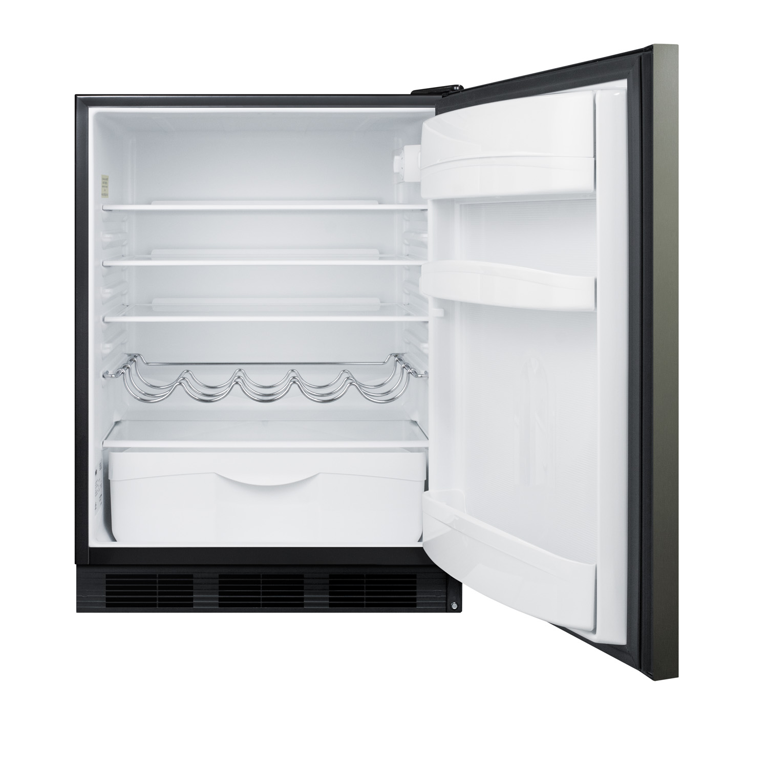 ADA compliant built-in undercounter all-refrigerator for residential use, auto defrost with black stainless steel wrapped door, horizontal handle, and black cabinet